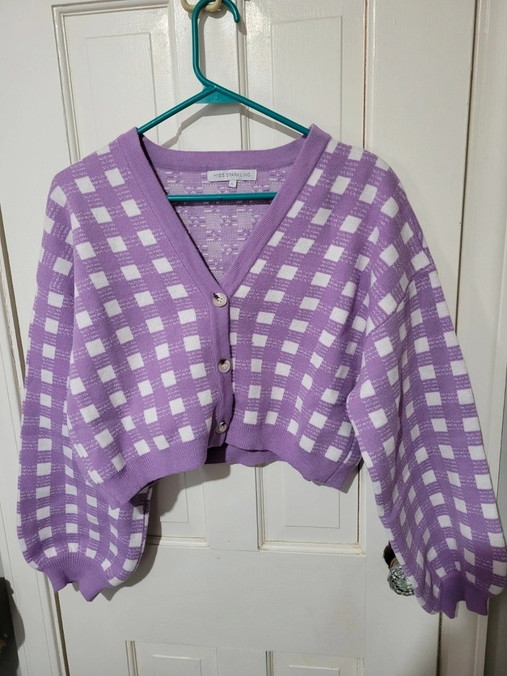 Miss Sparkling Lilac & White Checked V-Neck Cropped Cardigan